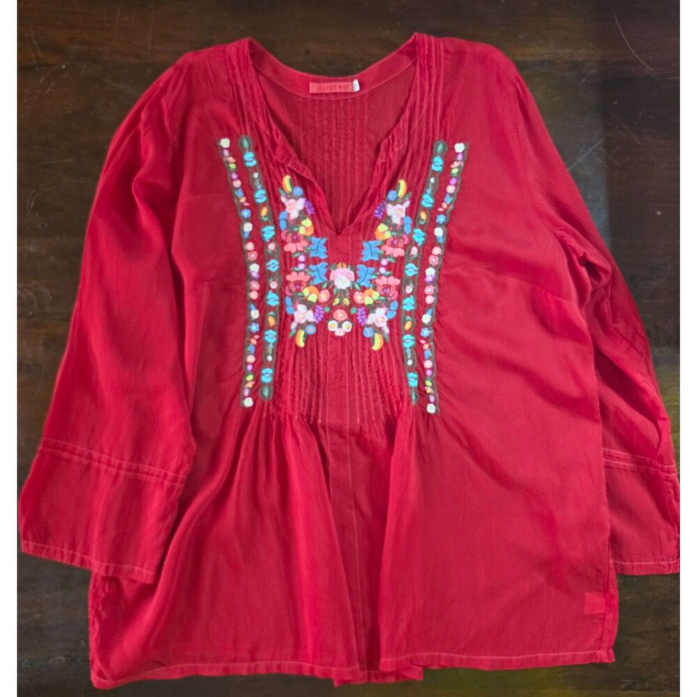 Johnny Was embroidered red flowy top Plus Size 1X